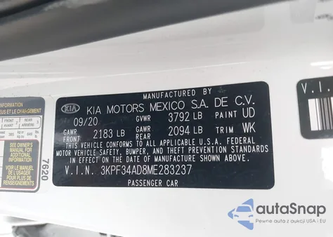 2021 Kia Forte Gt-Line z USA, uszkodzony, nr VIN 3KPF34AD8ME283237